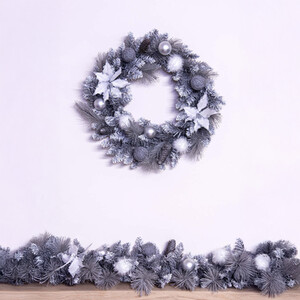 Decorated Silver Mixed Pine Wreath with White Poinsettia