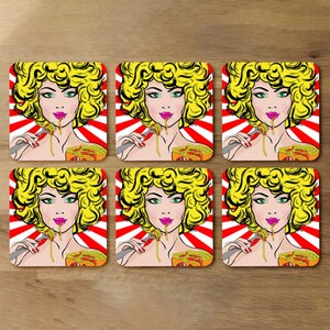 Pop Art Young woman Eating Spaghetti Designer Coaster Set