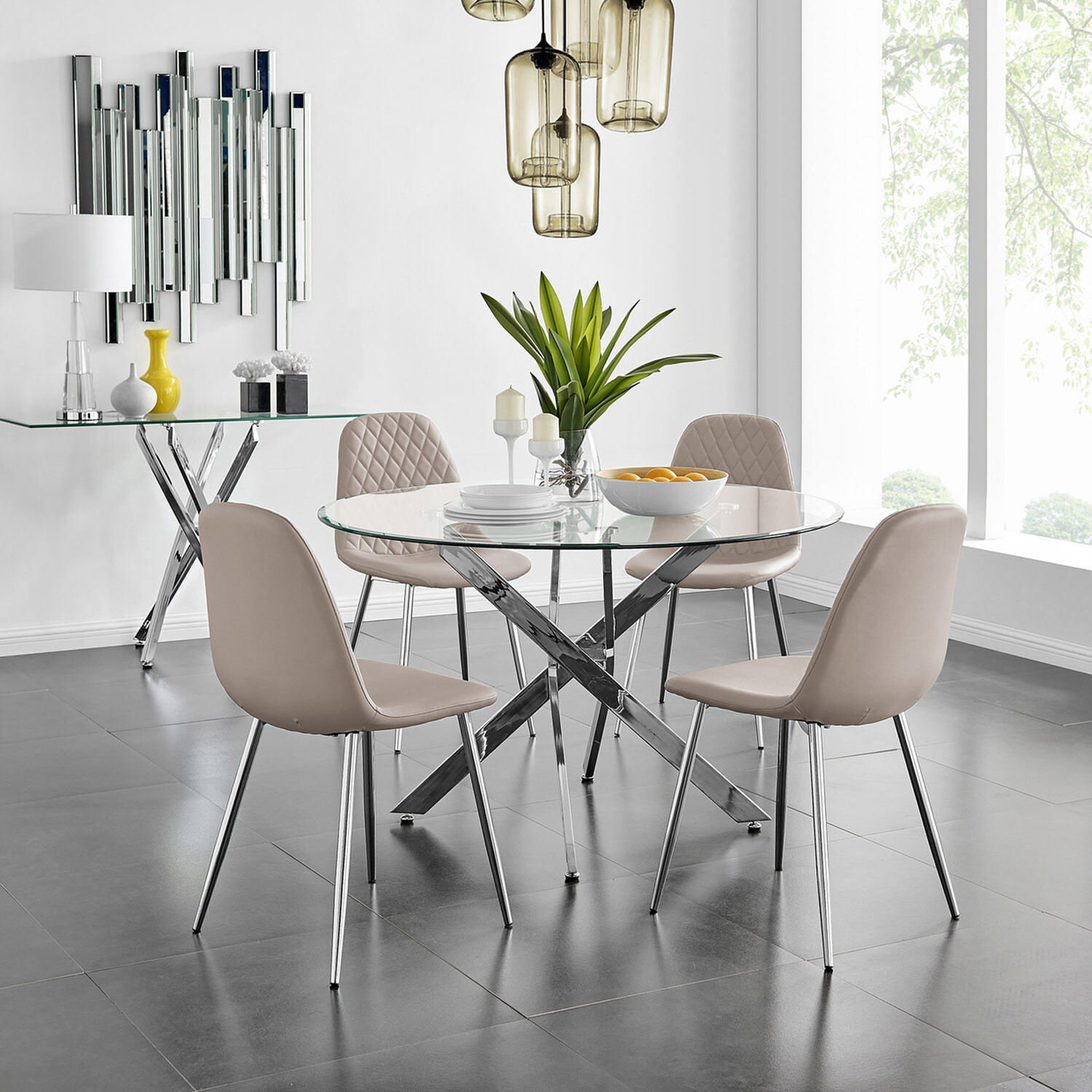 Novara Chrome Metal And Glass Round Dining Table And 4 Corona Silver Chairs Set - Cappuccino