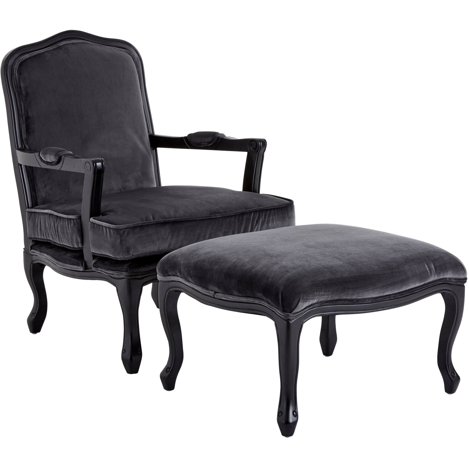Rococo Grey Velvet Chair And Footstool - Grey