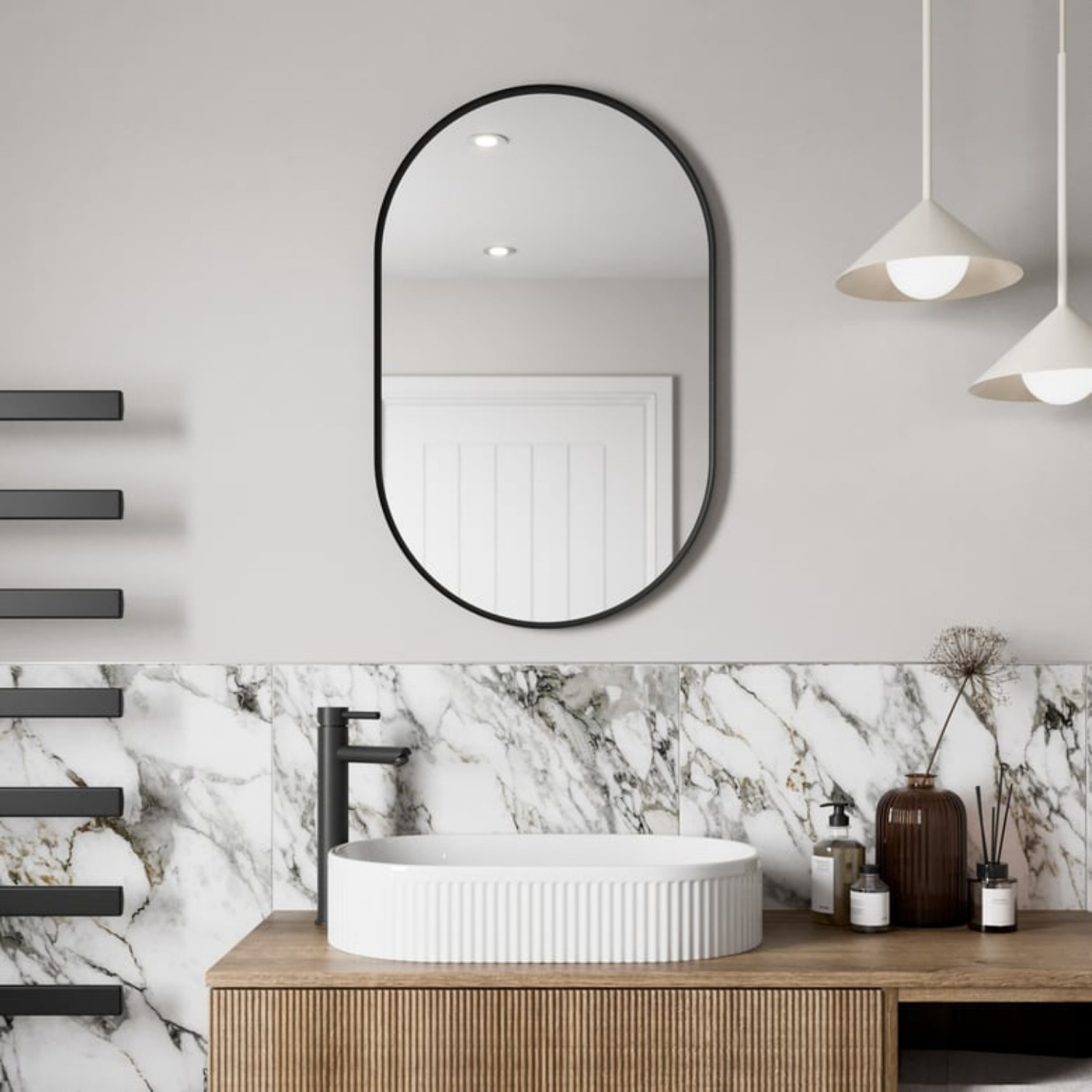 Bathroom Mirror Oval Modern Black Framed Modern Wall Mounted 500x800mm - Matt Black