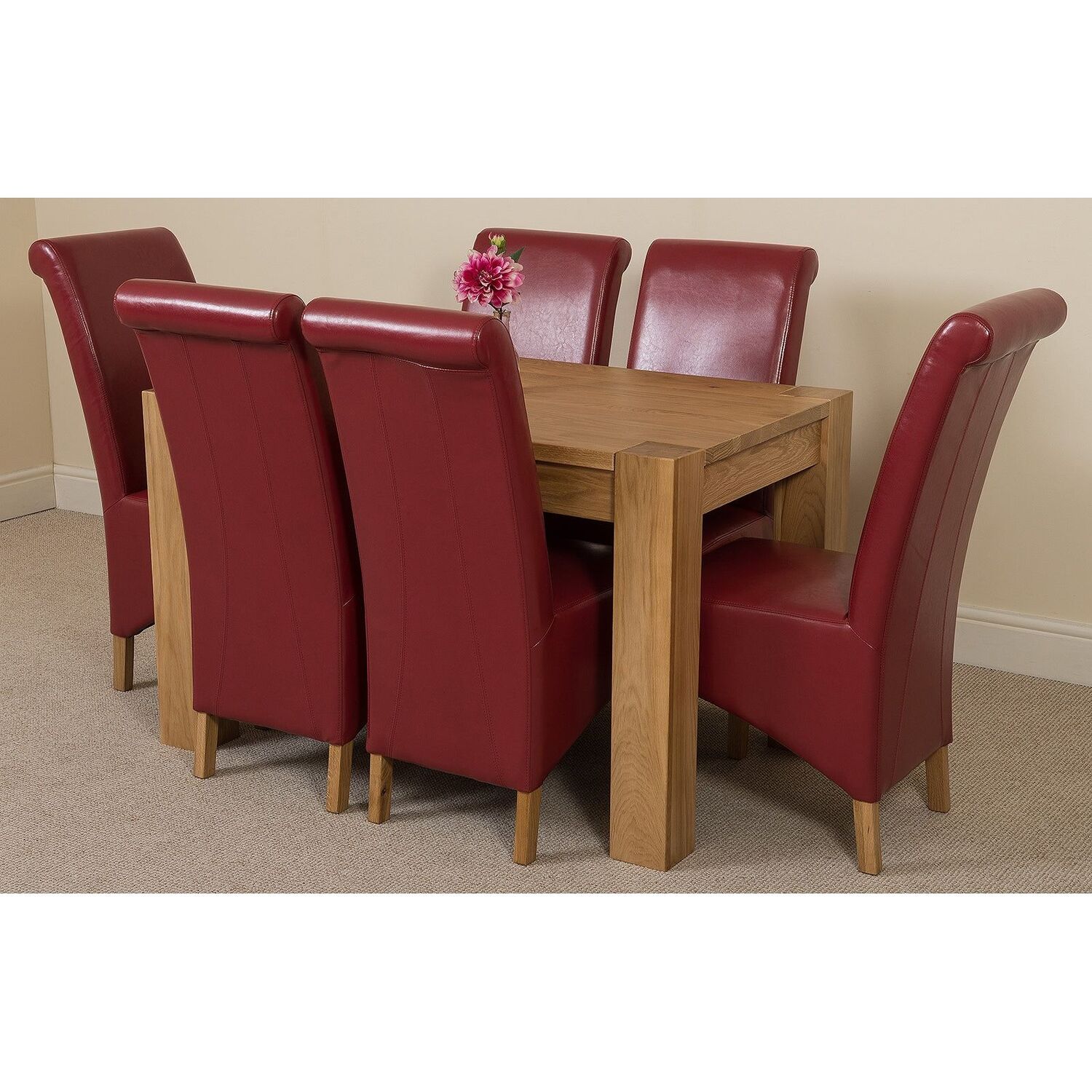 Thats Furniture Kuba 125 X 80 Cm Chunky Oak Small Dining Table And 6 Montana Leather Chairs - Red
