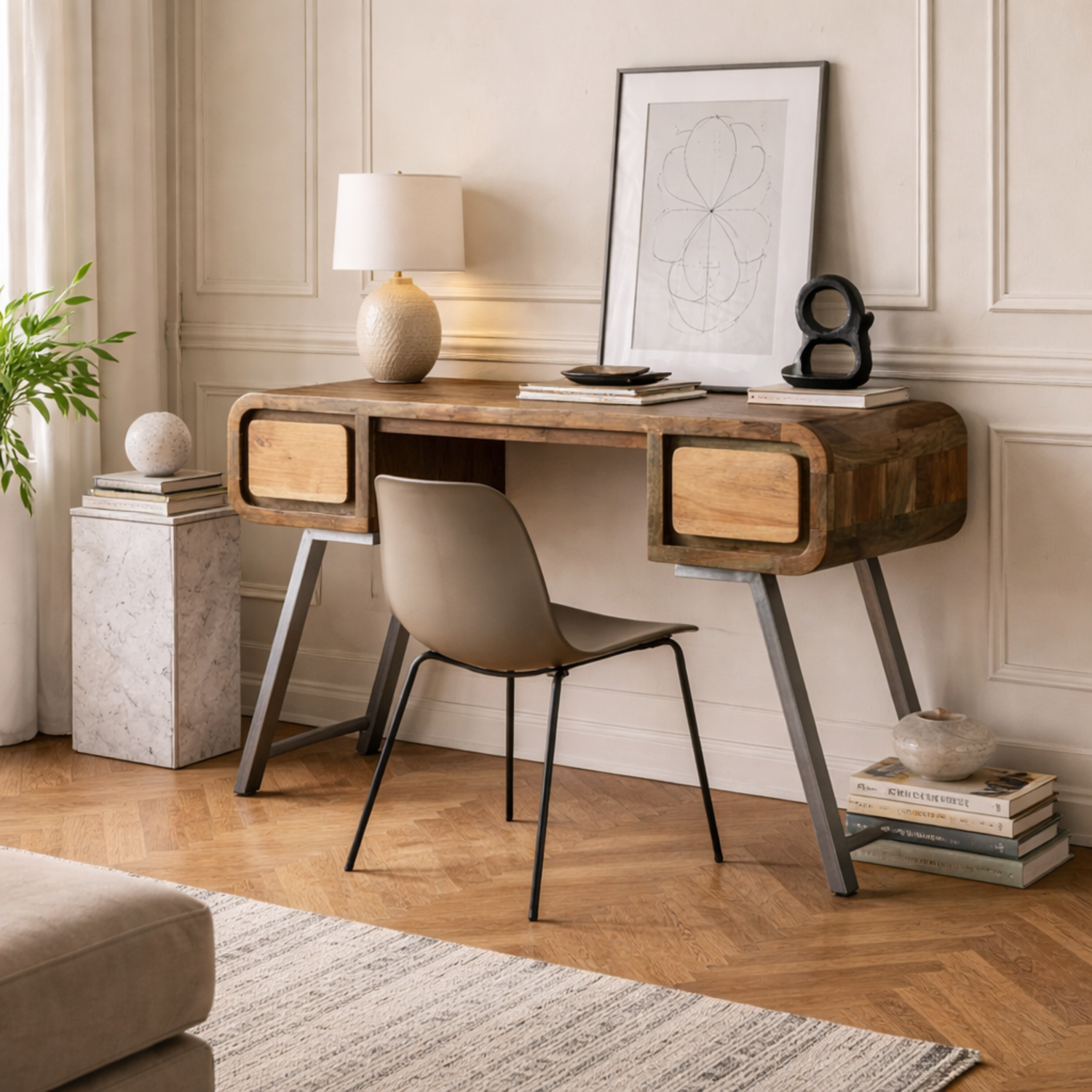 Los Angeles Reclaimed Wood Desk Angled Metal Legs 2 Drawers - Brown
