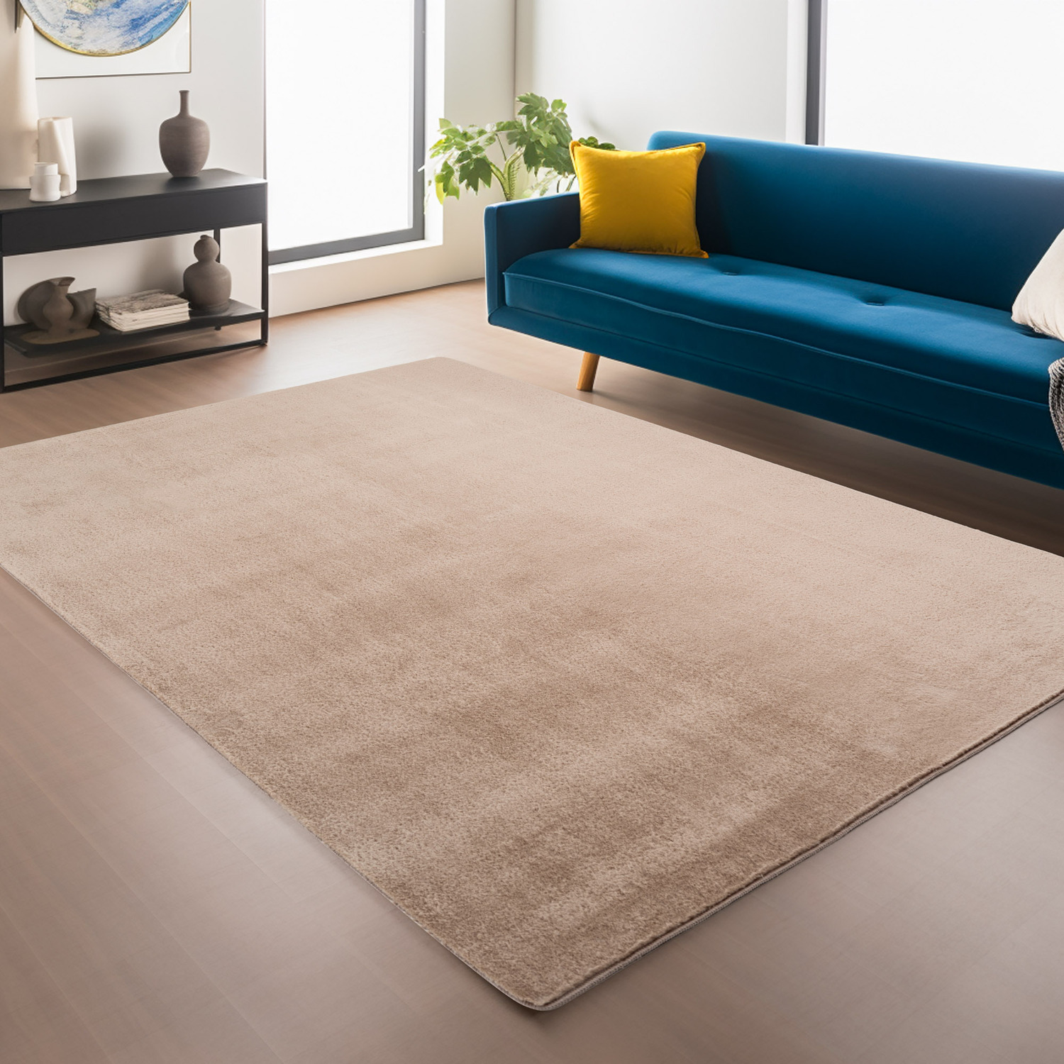 Snuggly Washable Low Pile Living Room Area Rug - Anti-Slip Felt Backing - Beige / 160cm / 120cm