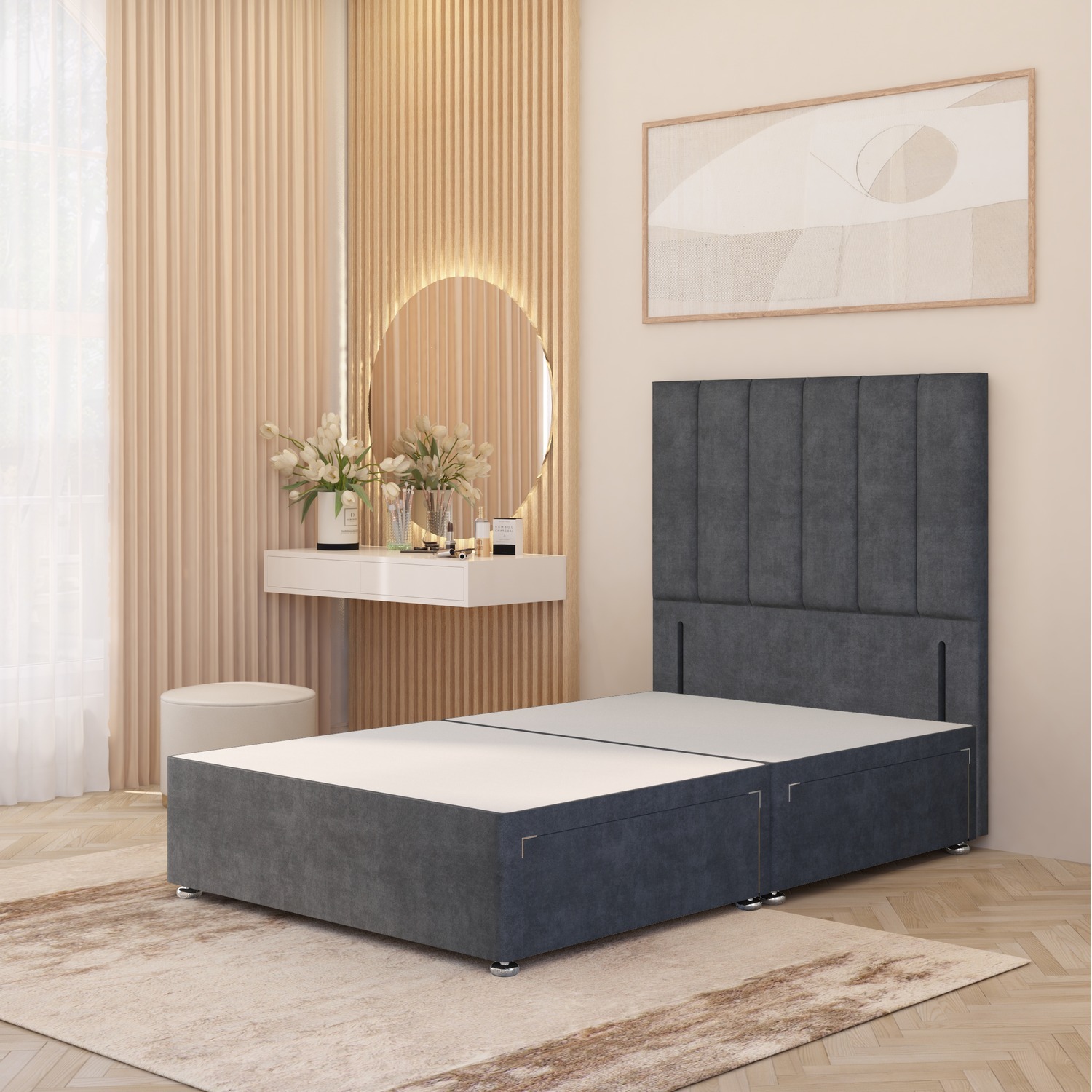 Austin Velvet Divan Bed Base With 54 Floor Standing Headboard And Drawers - Charcoal Super King 62kg
