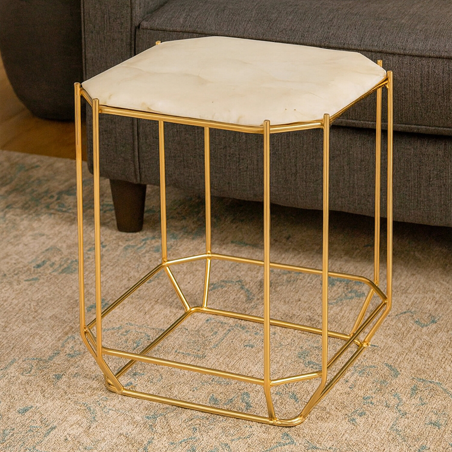 Jaipur White Quartz Side Table - Gold