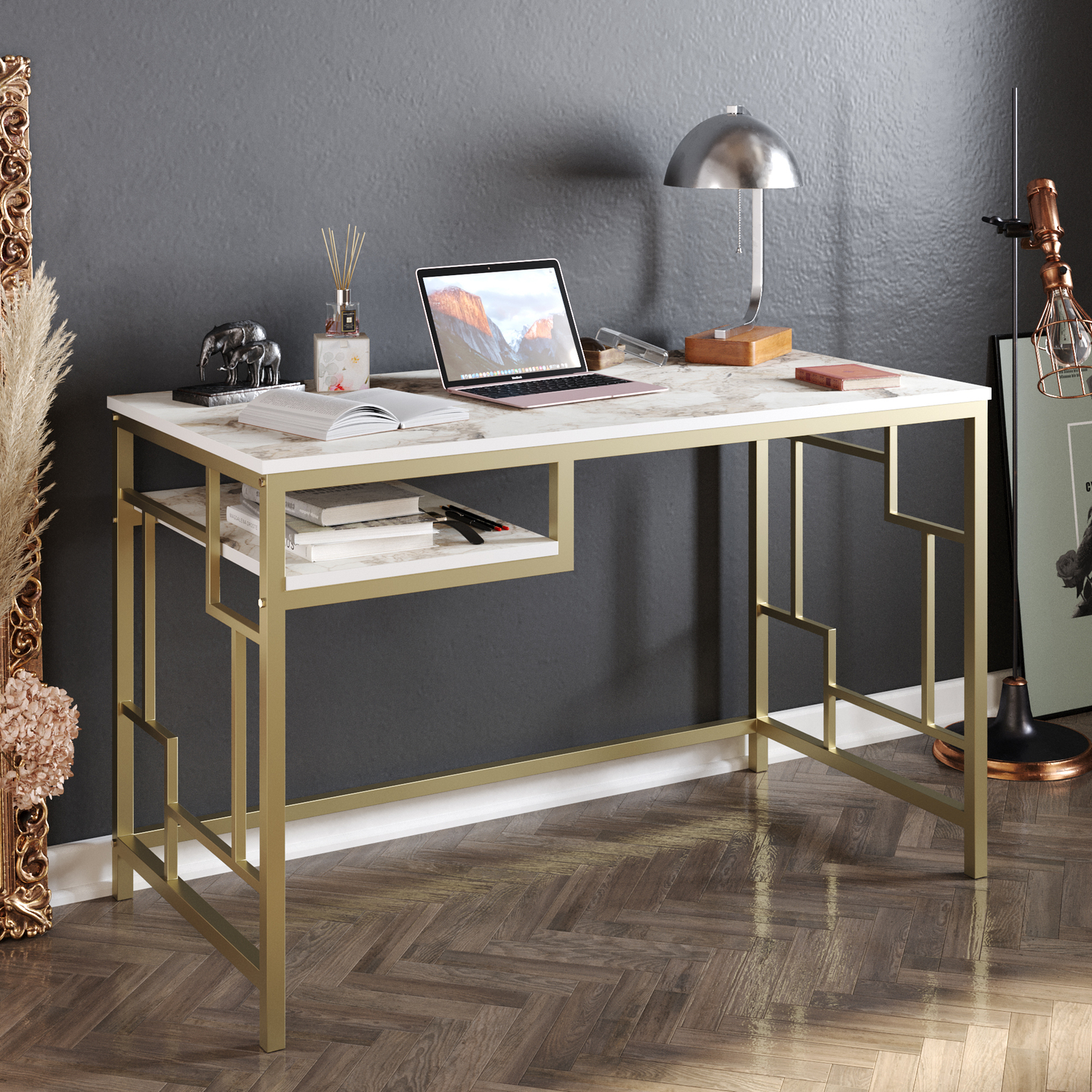 Victoria Computer Desk - White Marble Effect and Gold