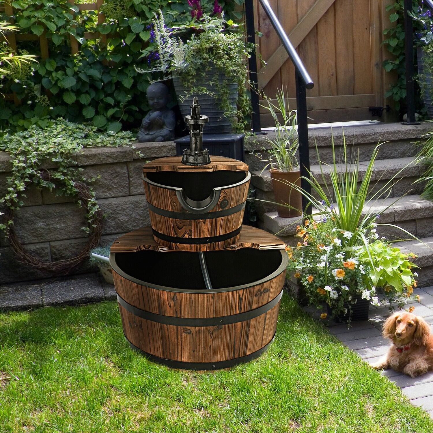 Costway Garden Wooden Barrel Fountain - Brown