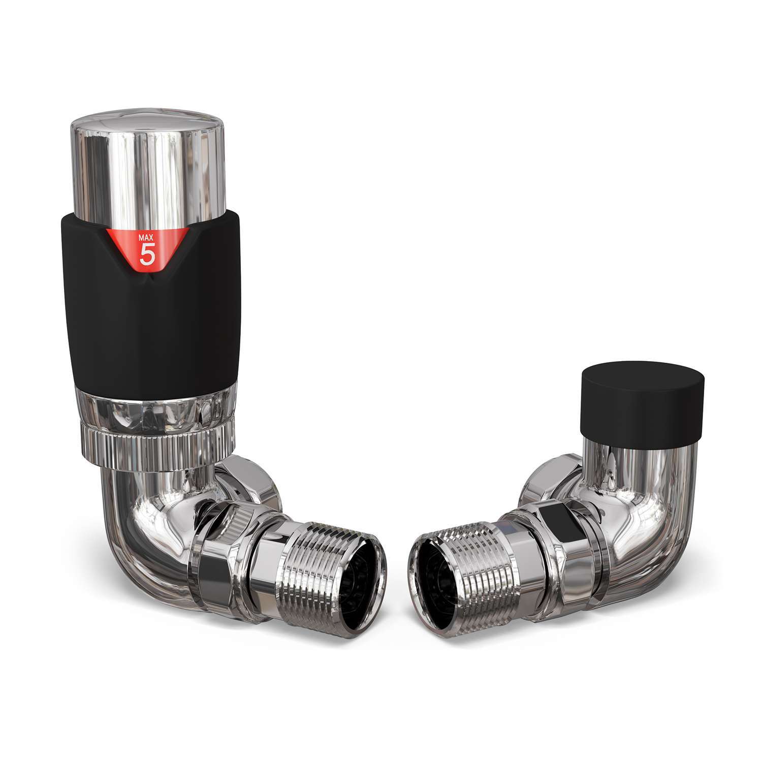 Uk Radiators Talus Flair - Chrome Thermostatic Radiator Valve & Lockshield Straight - Black / 76Mm / 123Mm / Trv Valve Head, Lockshield, Pair Of 8Mm Valve Reducers