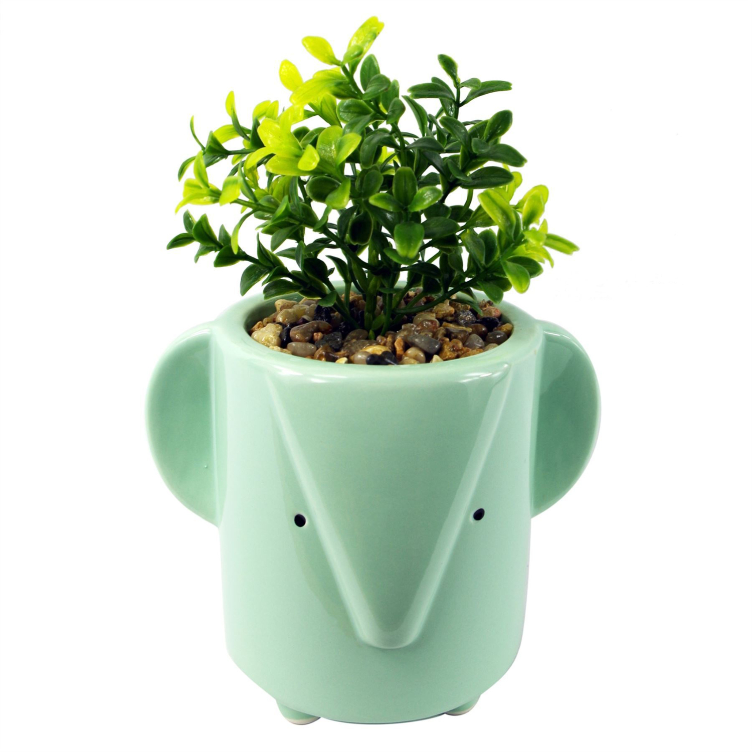 Blue Ceramic Elephant Planter With Artificial Foliage Plant - Green