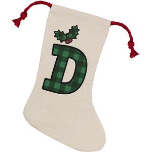 Green Tartan Alphabet Letter D Stocking - Novelty Xmas Gift - Linen-Style With Red Drawstring Ties
