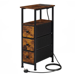 Bedside Table with LED Light Charging 3 Fabric Drawers Brown