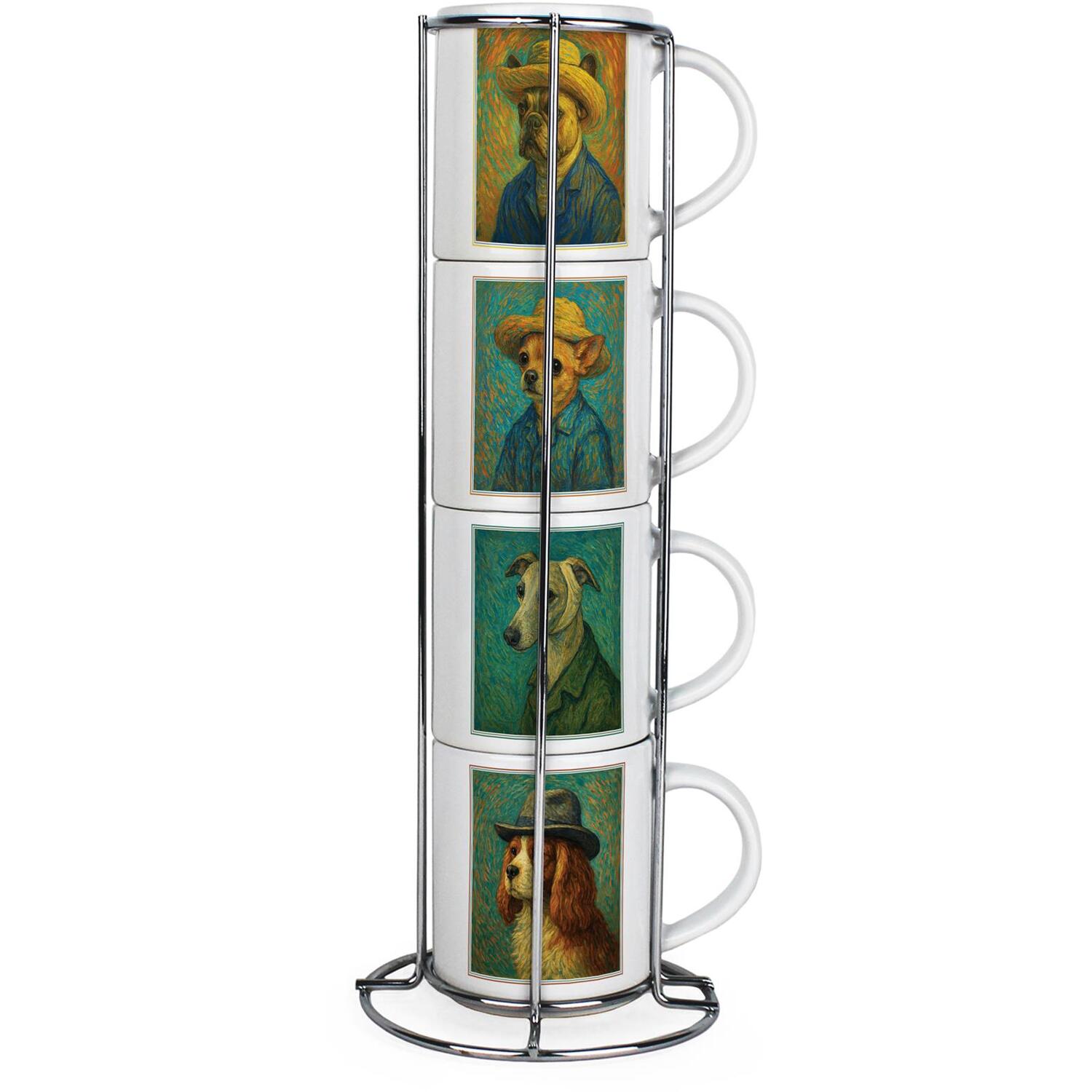 Van Gogh Dogs in Hats Ceramic Small Stacking Mugs - Set of 4 Drinkware Gift - Image 2