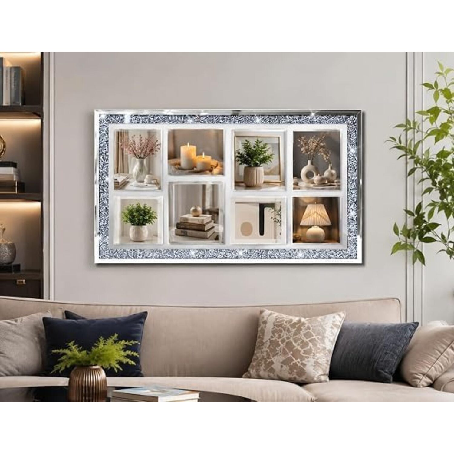 Deenz Silver 8 Multi Photo Frame Crushed Diamond 59.5X33.5cm - Silvery