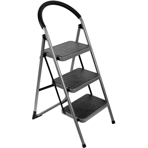3 Step Premium Heavy Duty Steel Folding Ladder Grey
