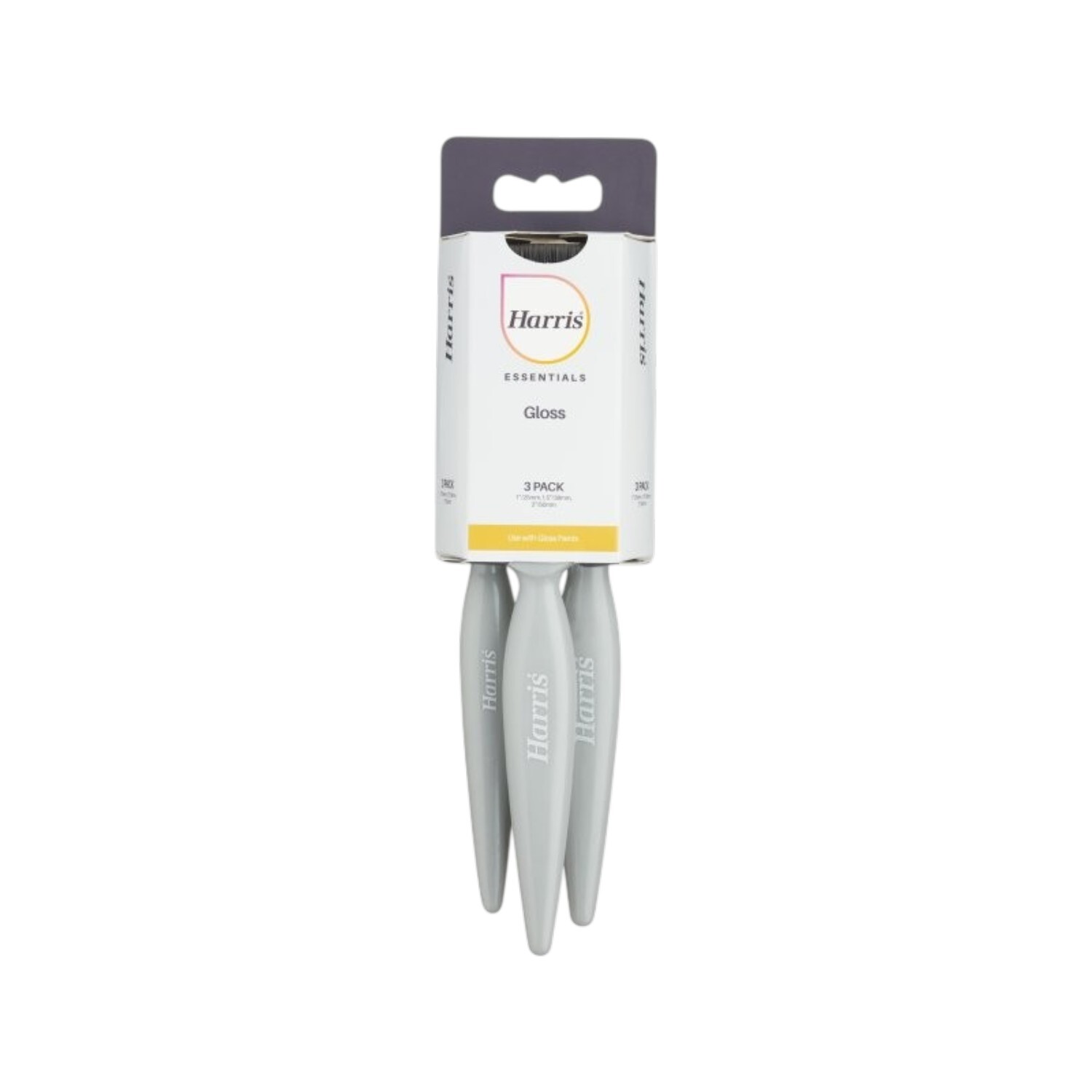 Harris Essentials Gloss Paint Brush Set Smooth Finish Woodwork Trim Painting 3 Pack - Grey / Yellow