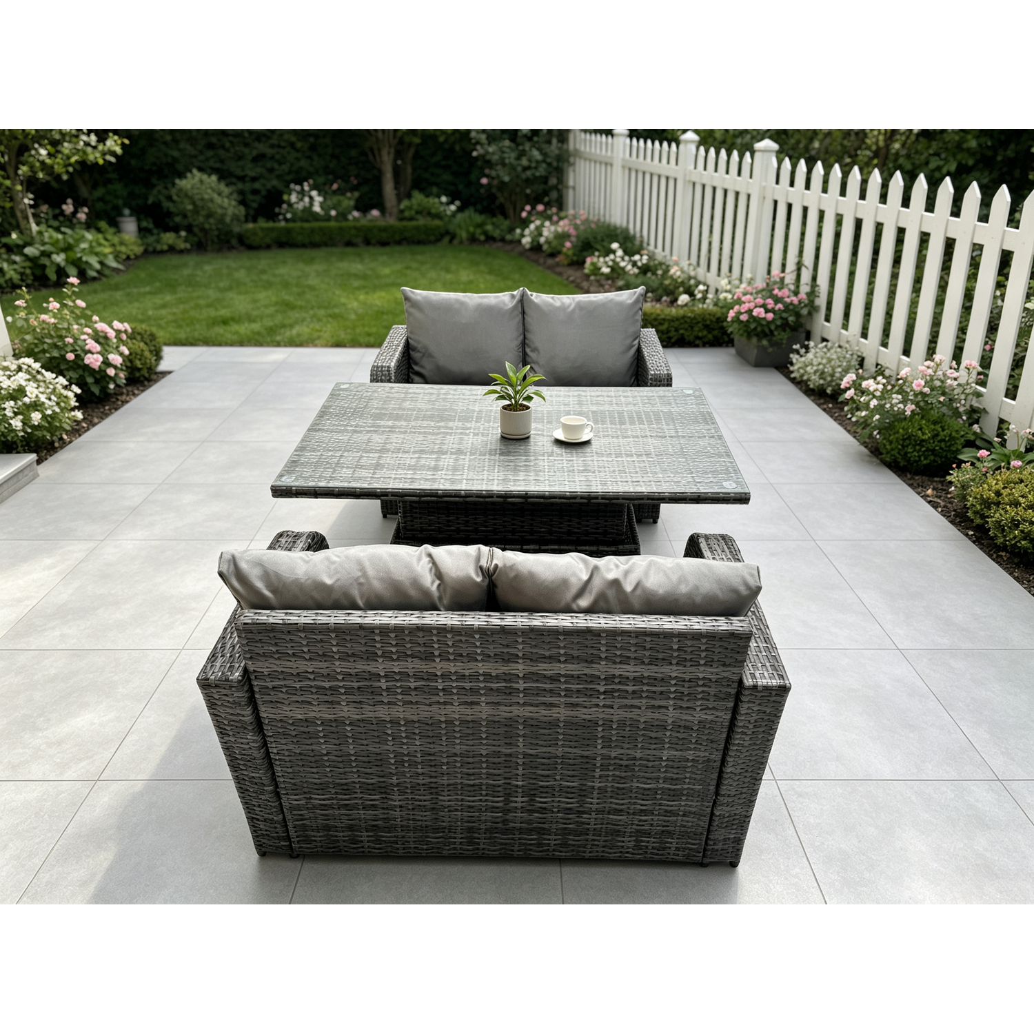 Fimous Outdoor Rattan Furniture Garden Dining Set Height Adjustable Rising Lifting Table With Love Sofa - Image 3