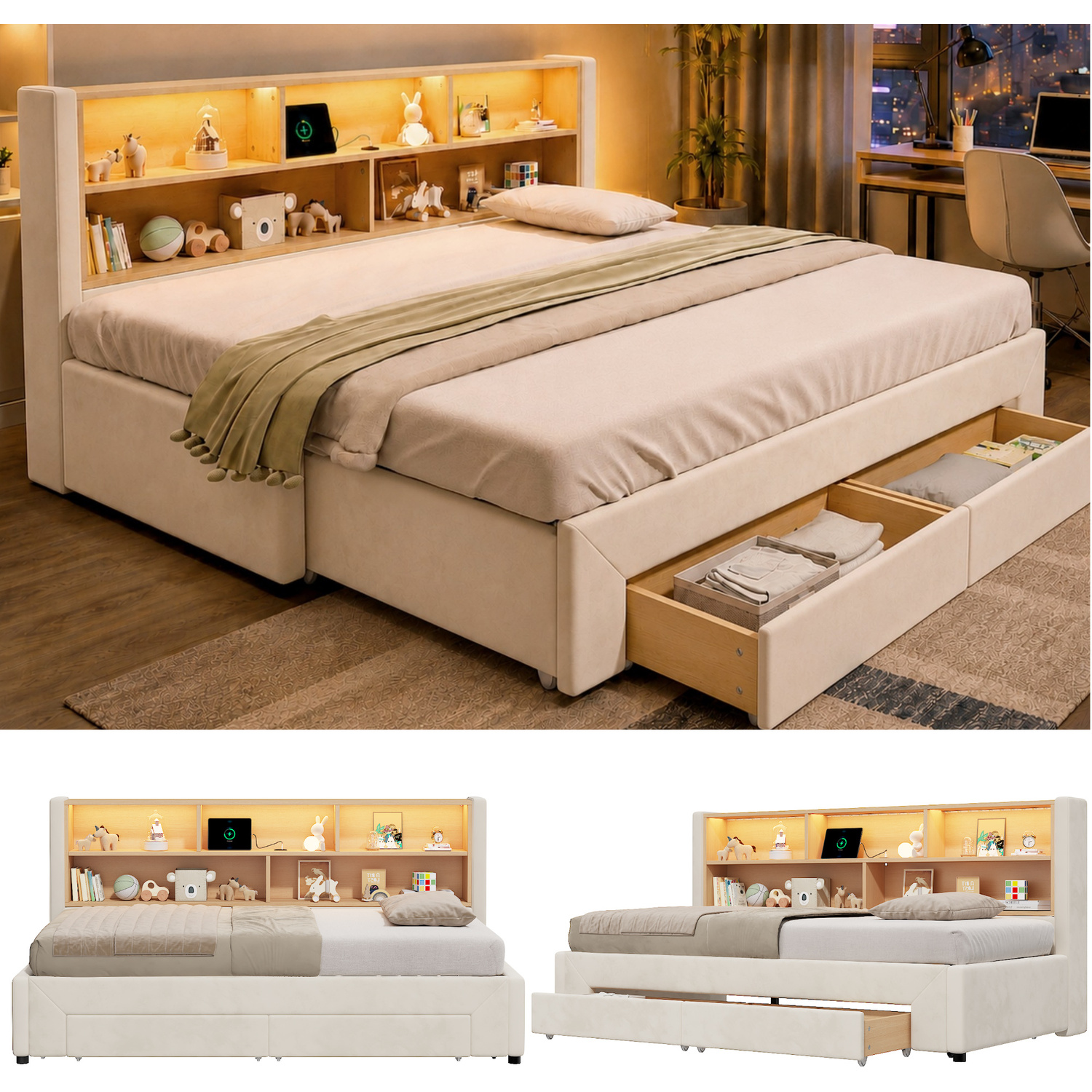 Aka Extendable Velvet Sofa Bed With Led, Storage & Drawers - Cream