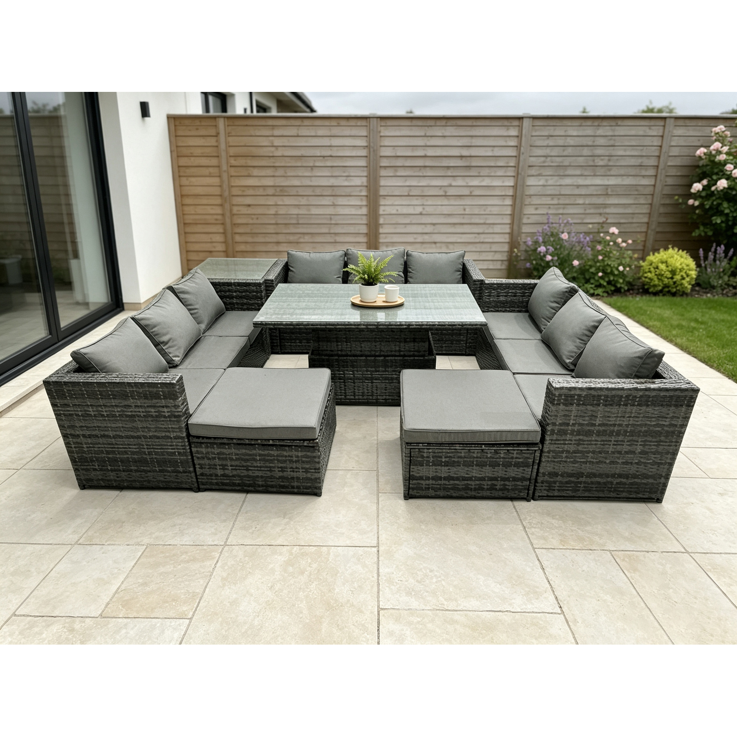Rackhams Dark/Grey 11-Seater Rattan Outdoor Sofa Set | Adjustable Rising Dining Table, Side Table, 2 Large Footstools - Image 2