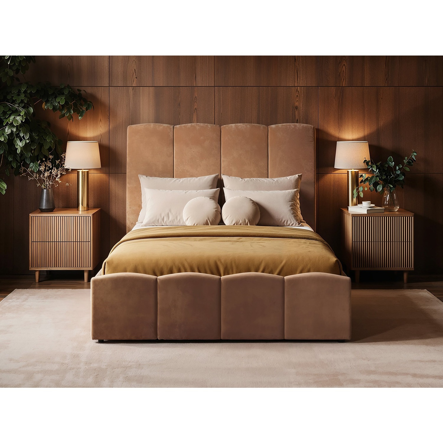 Solace+Co Enrica Upholstered Panel Bed Frame Brown Double - Brown