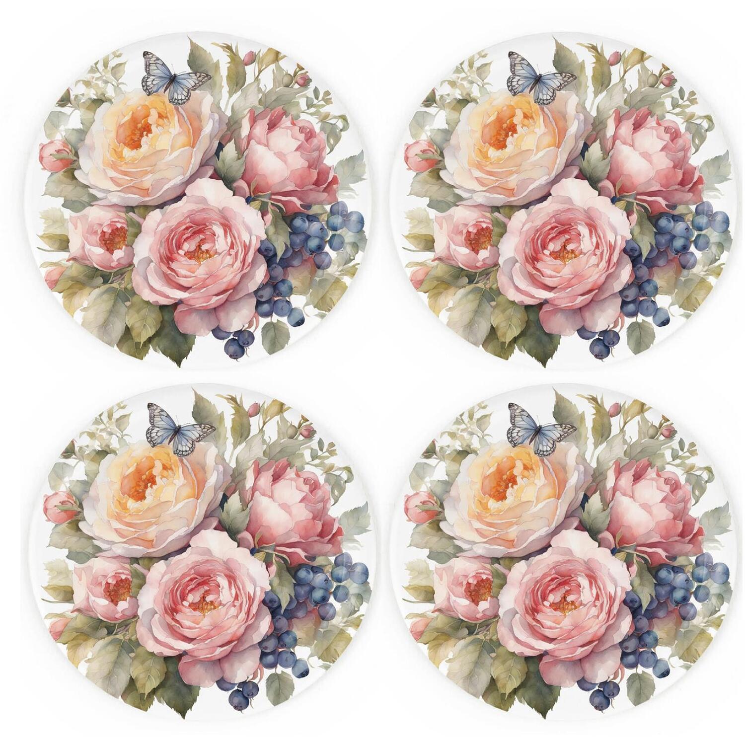Purely Home Butterfly Bouquet Coasters - Floral Roses Print Set Of 4 Round Ceramic Coasters - Multi