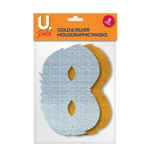 Pack of 8 Christmas Silver and Gold Coloured Holographic Masks