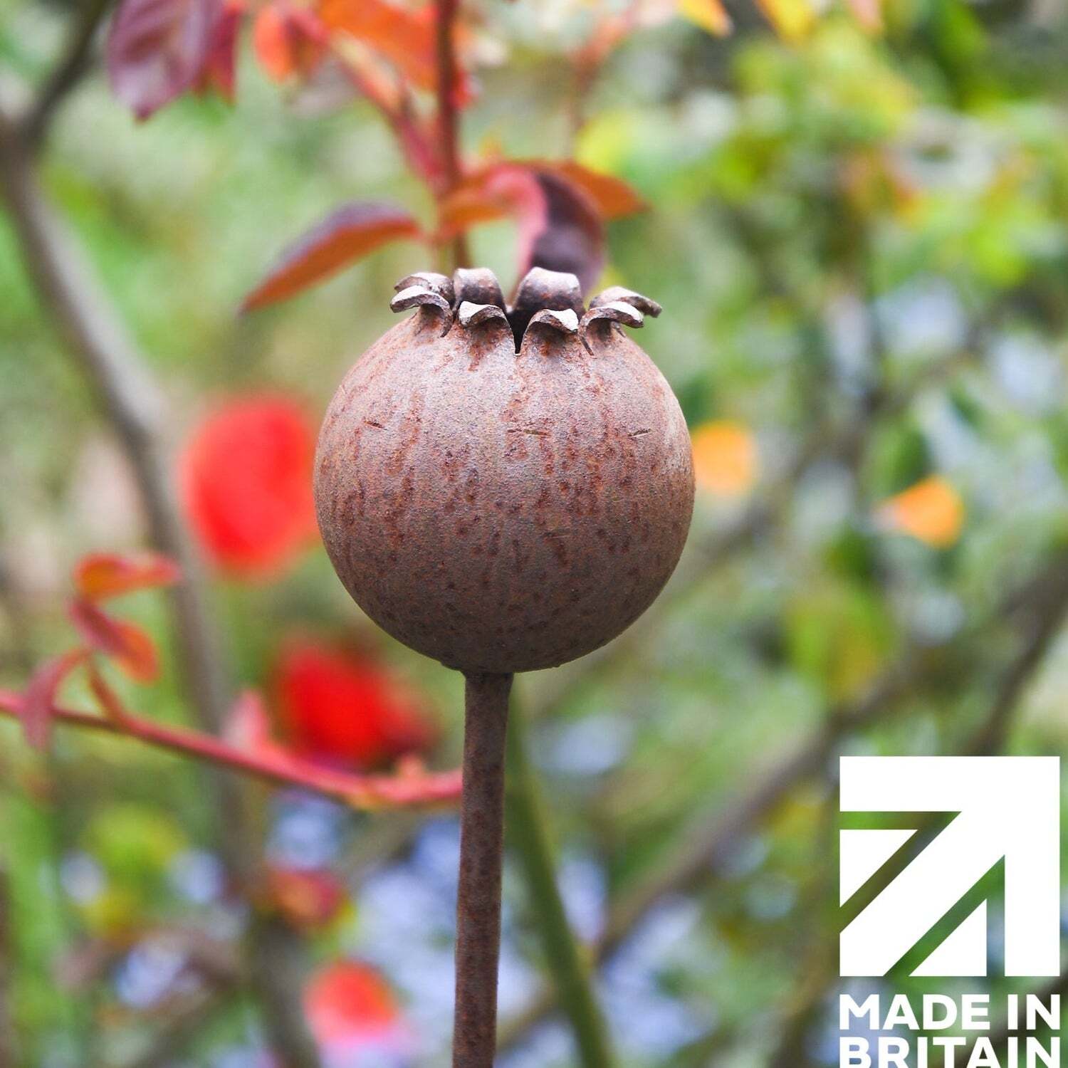 Savage Works Orange Rusty Metal Poppy Seedhead - Metal Garden Flower Sculpture - Garden Decor - Three Sculptures - Image 2
