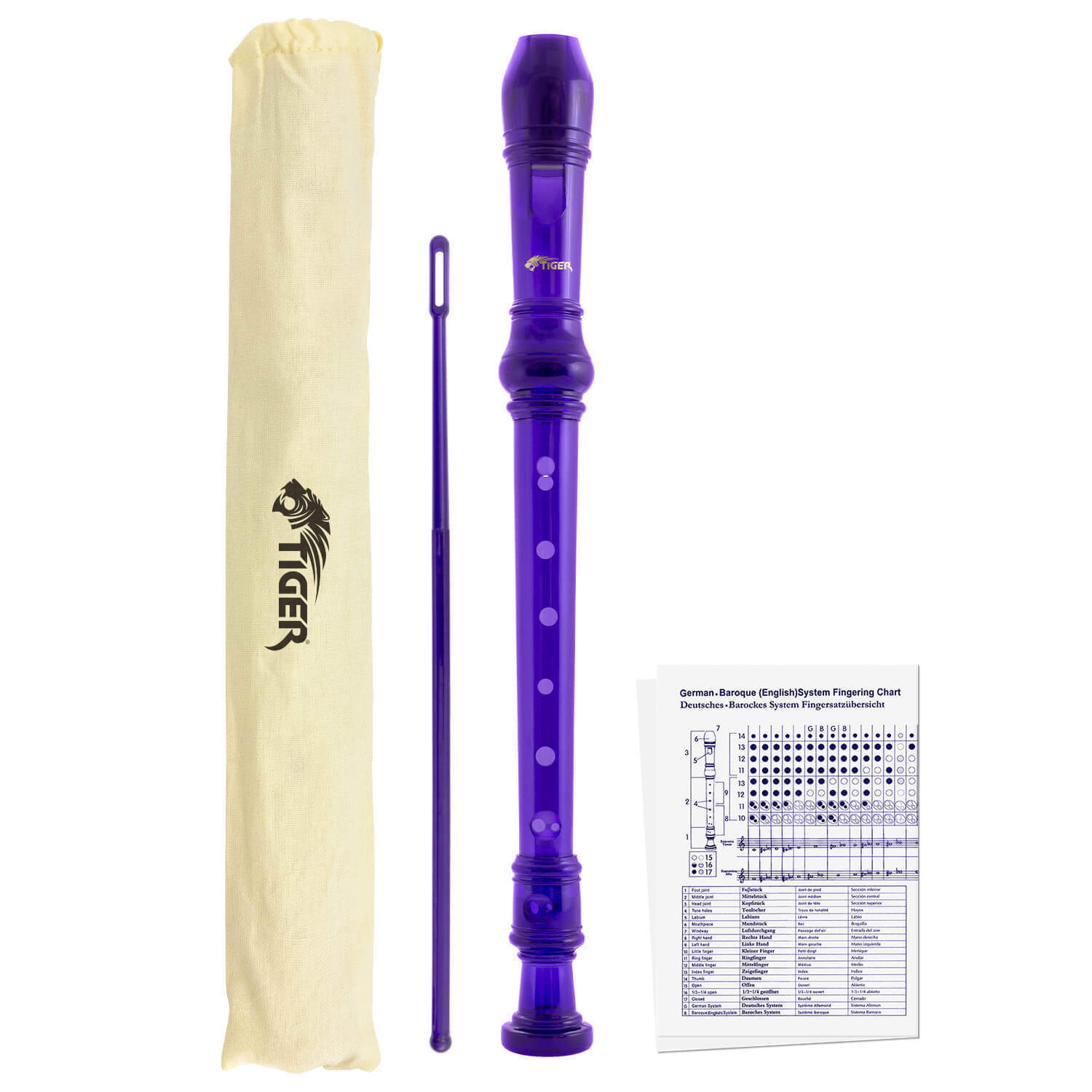 Tiger Music Descant Recorder - Carry Case & Cleaning Rod - Neutral