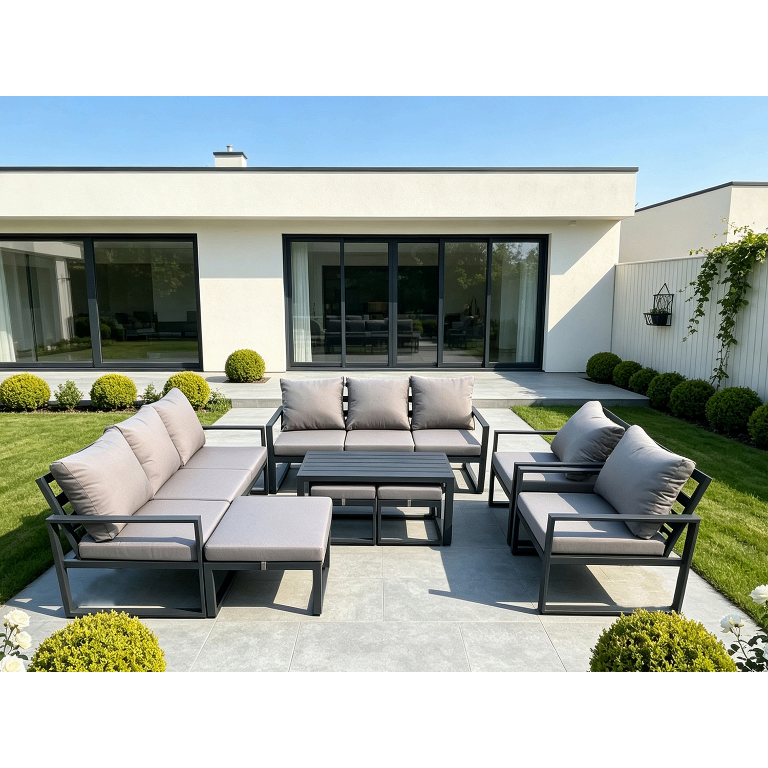 B&Q - Aluminium Outdoor Garden Furniture Lounge Sofa 2 Pc Chairs Coffee Table Sets With 3 Footstools Dark Grey - Image 2