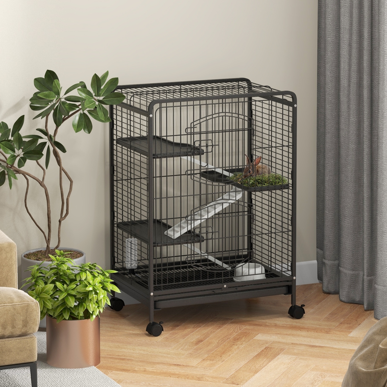 Pawhut 4 Levels Small Animal Cage W/ Ramps, Bowl, Water Bottle, Tray, Wheels - Black
