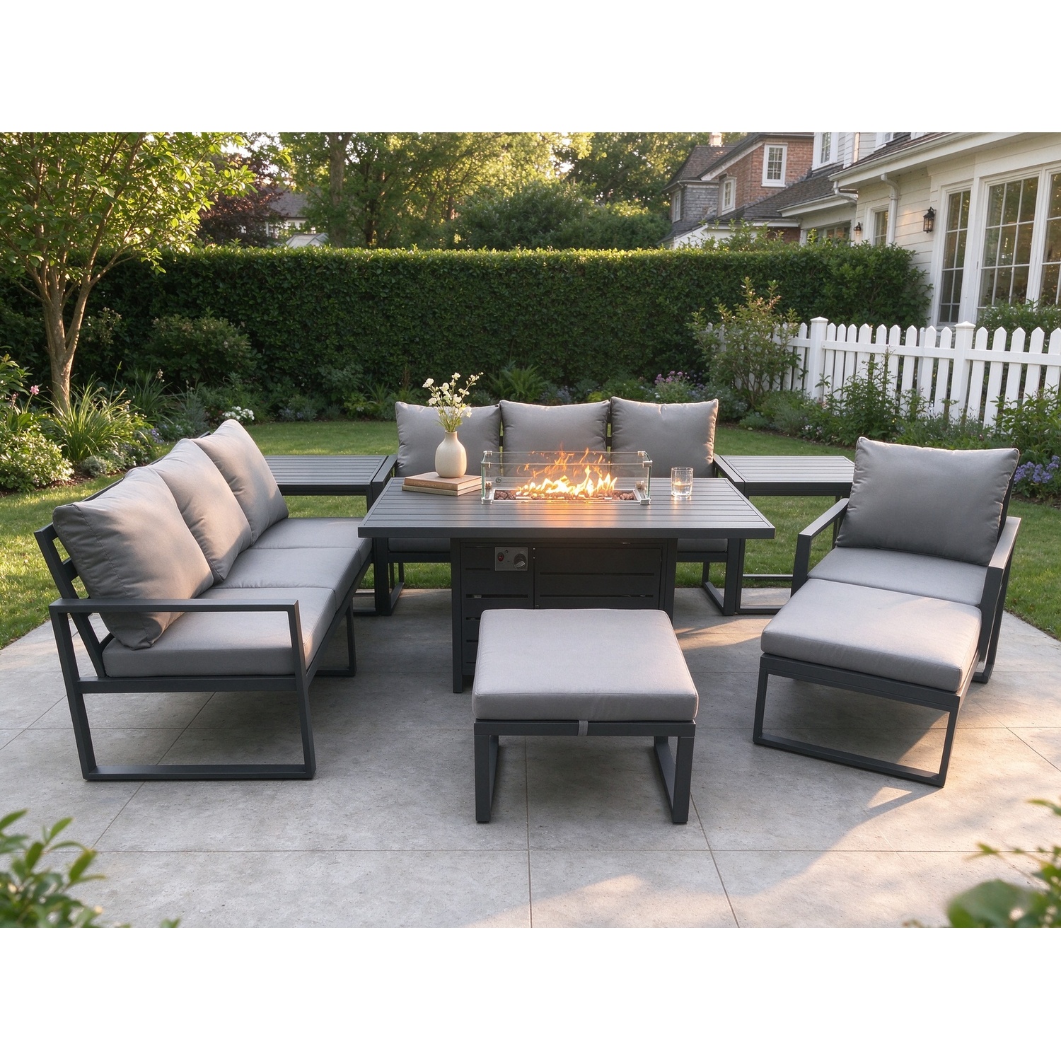 Fimous Dark/Grey 9 Seater Aluminium Garden Furniture Set With Gas Fire Pit Dining Table, 2 Sofas, 2 Side Tables, 2 Footstools & 1 Chair - Image 2