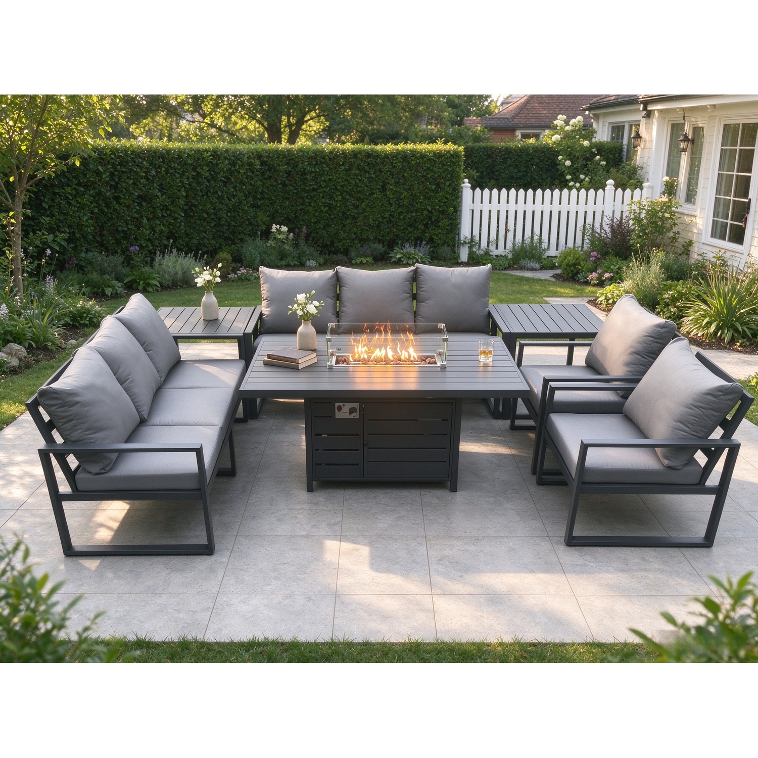 Rackhams Dark/Grey 8 Seater Aluminium Outdoor Garden Furniture Set With Gas Fire Pit Dining Table, 2 Sofas, 2 Chairs & 2 Side Tables - Image 2