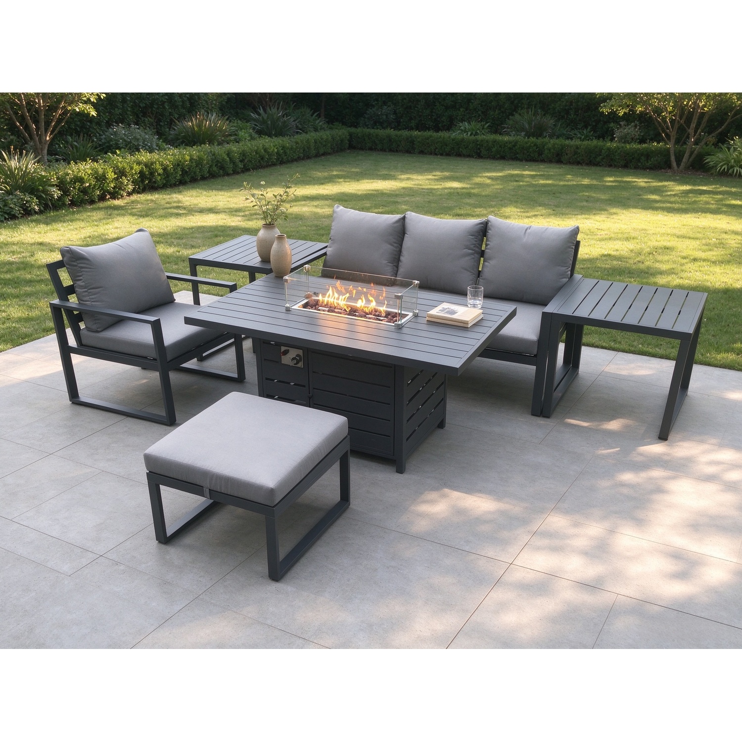 Fimous Aluminium 6 Pieces Garden Furniture Sofa Set With Cushions Gas Fire Pit Dining Table Set With 2 Big Footstool Dark Grey - Image 3