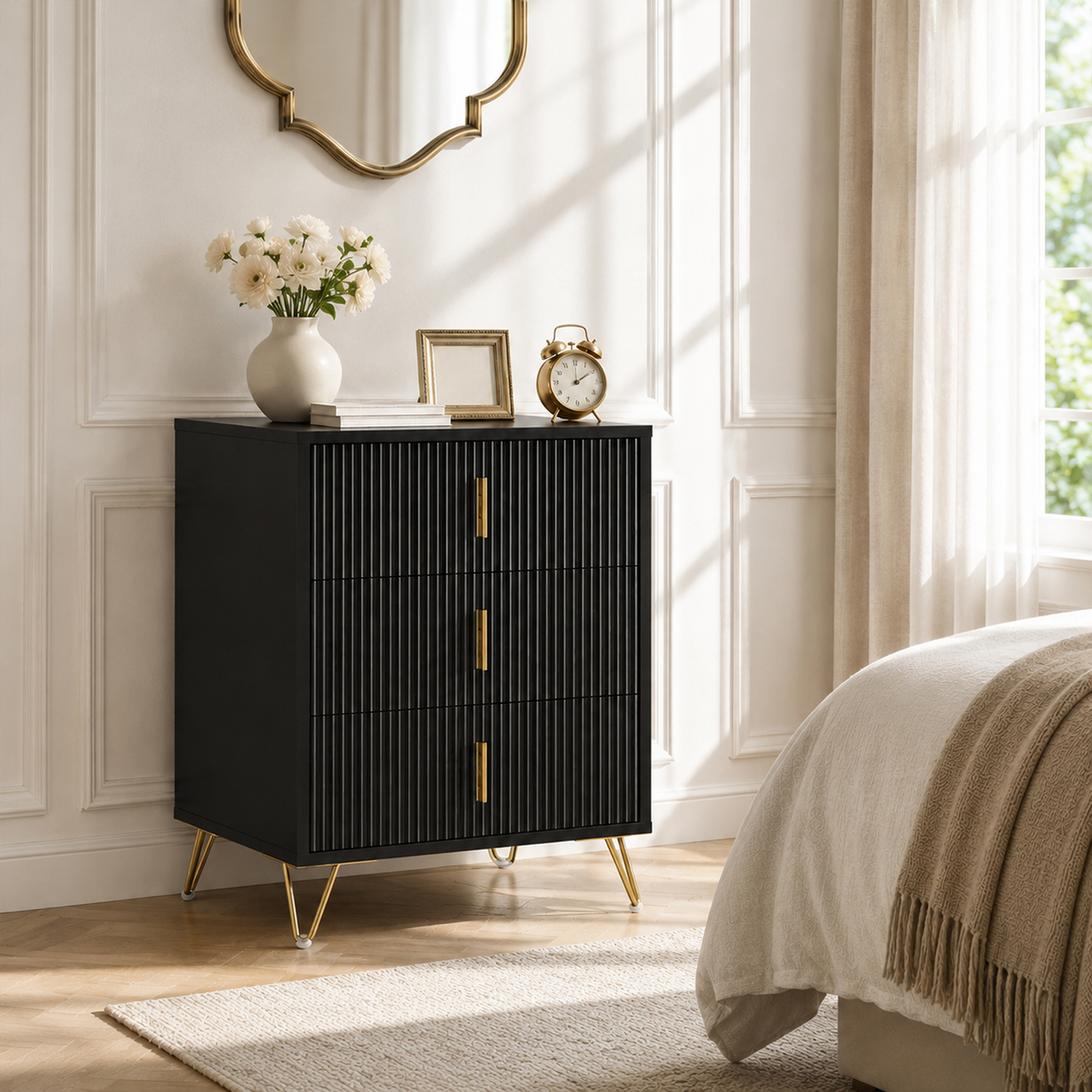 Rackhams Black Modern 3 Drawer Dresser With Metal Legs And Steel Handles, - Image 3