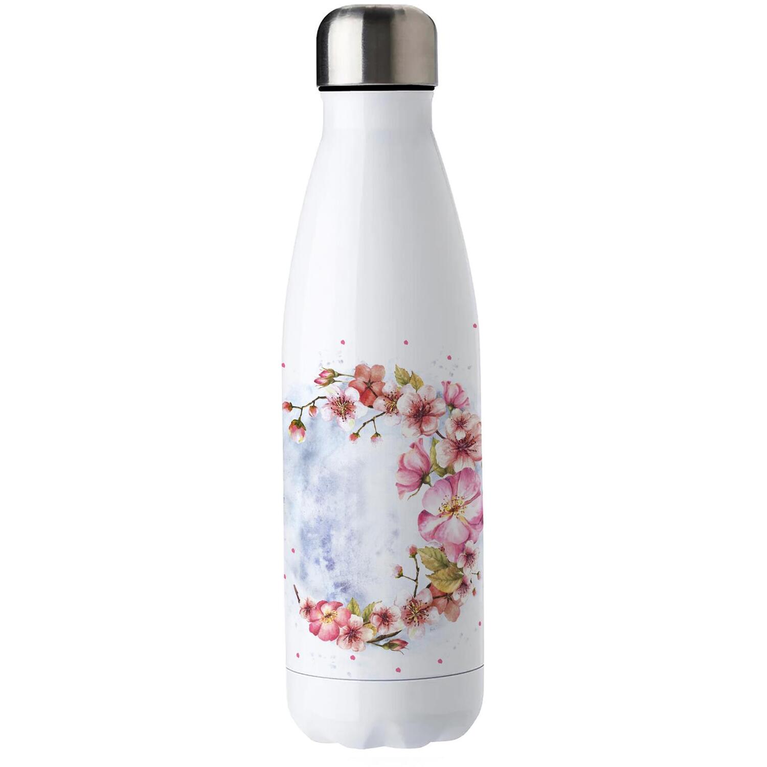B&Q -  Pink Blossoms Stainless Steel Water BottleCherry Blossom Floral GiftDouble Walled 500Ml Metal Hot/cold Drinks Bottle - Image 3