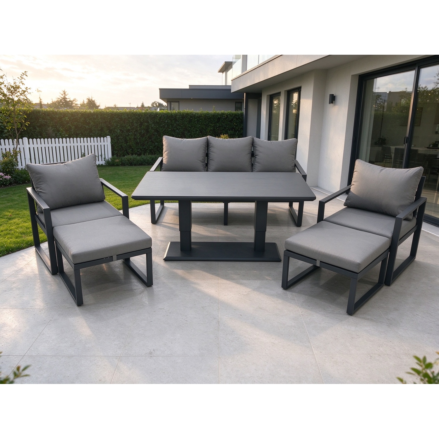 Rackhams Dark/Grey Outdoor Aluminium Garden Furniture Set With Adjustable Rising Lifting Dining Table 3 Seater Sofa 2 Chair 2 Big Footstools - Image 2
