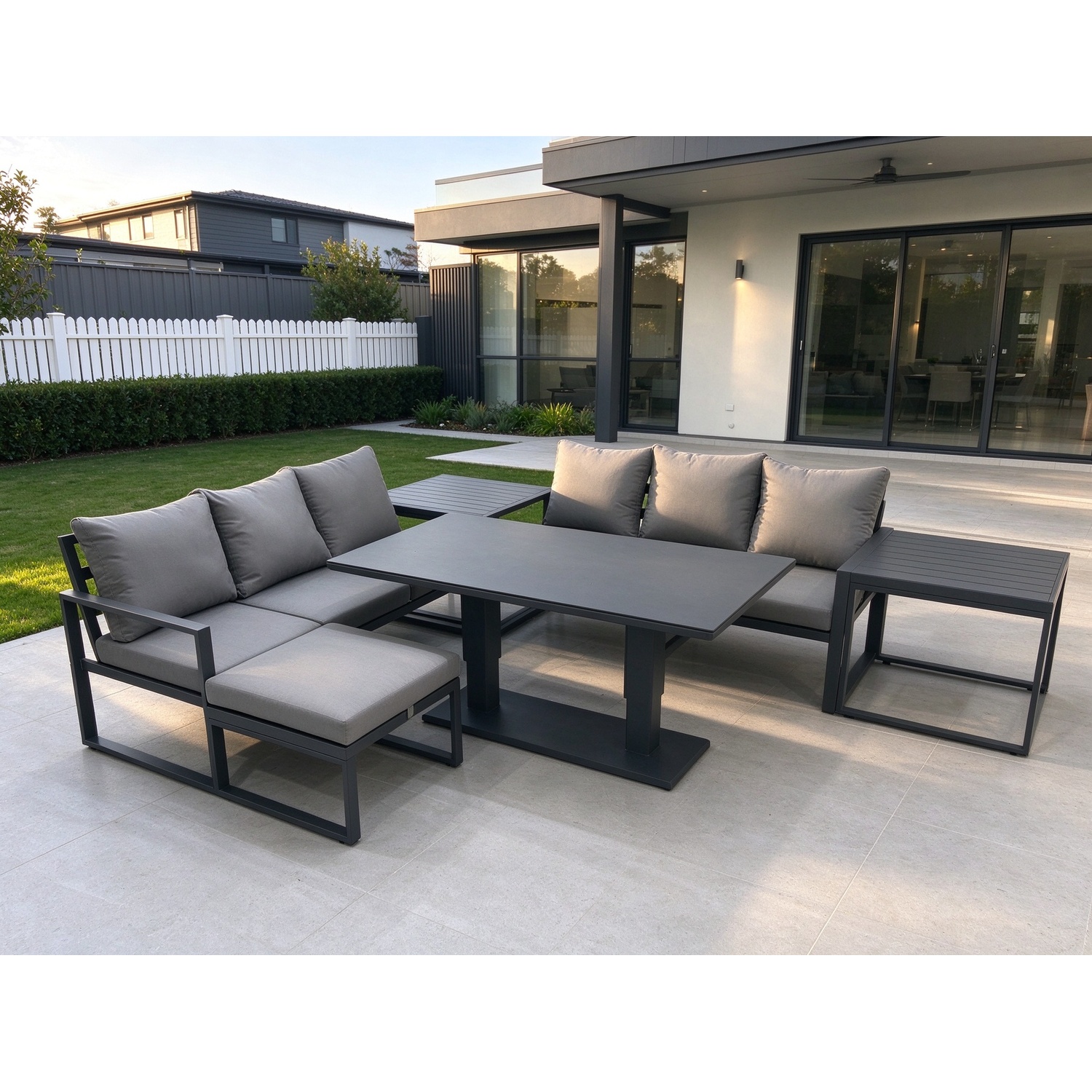 Fimous Dark/Grey 7 Seater Aluminium Outdoor Garden Furniture Set With Adjustable Rising Lifting Dining Table 3 Seater Sofa Big Footstool 2 Side Tables - Image 2