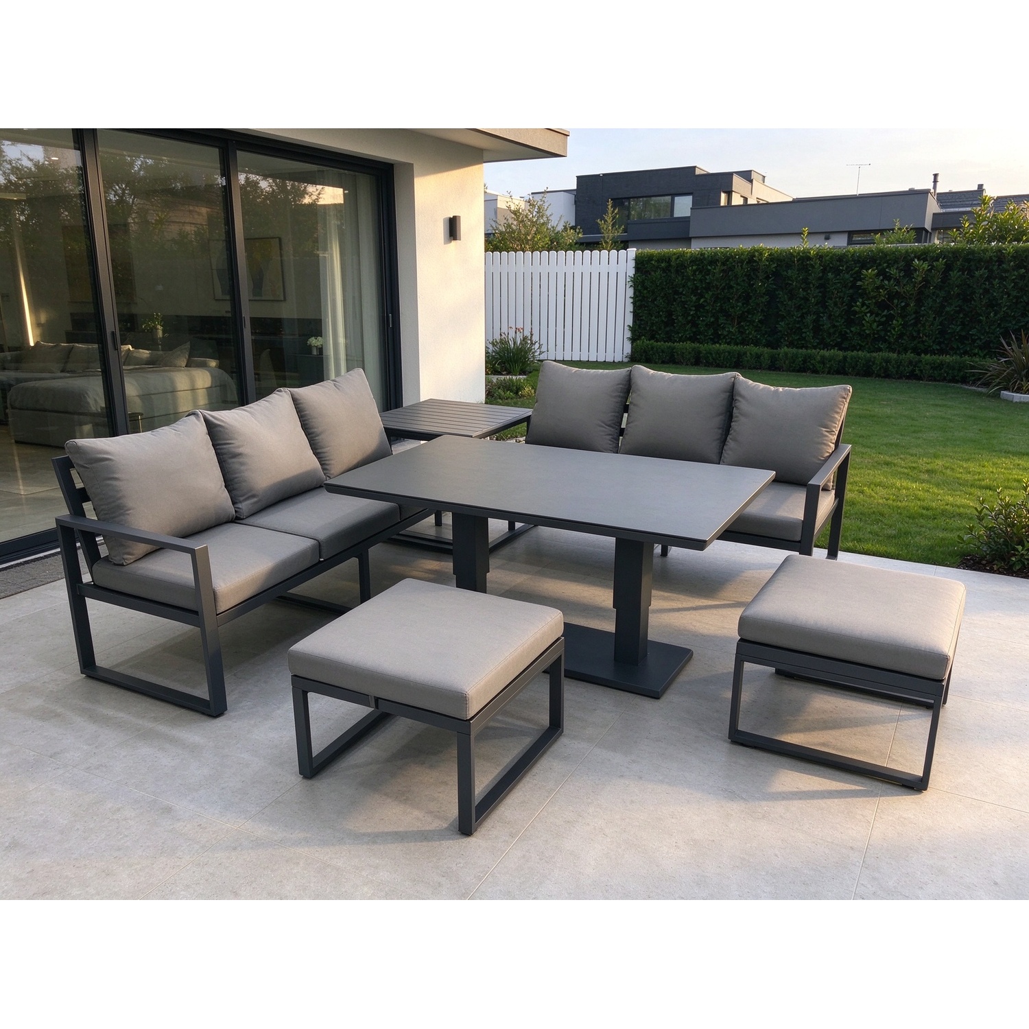 Fimous 8 Seater Aluminium Outdoor Garden Furniture Set With Adjustable Rising Lifting Dining Table 2 Big Footstool Side Table Dark Grey - Image 3