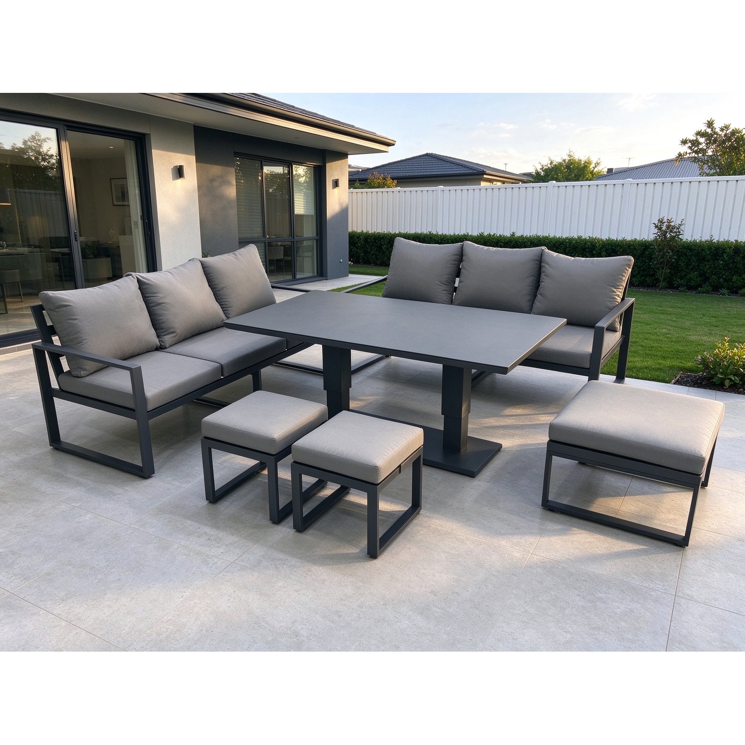 B&Q - 9 Seater Aluminium Outdoor Garden Furniture Set With Adjustable Rising Lifting Dining Table 3 Seater Sofa 3 Footstools - Image 2