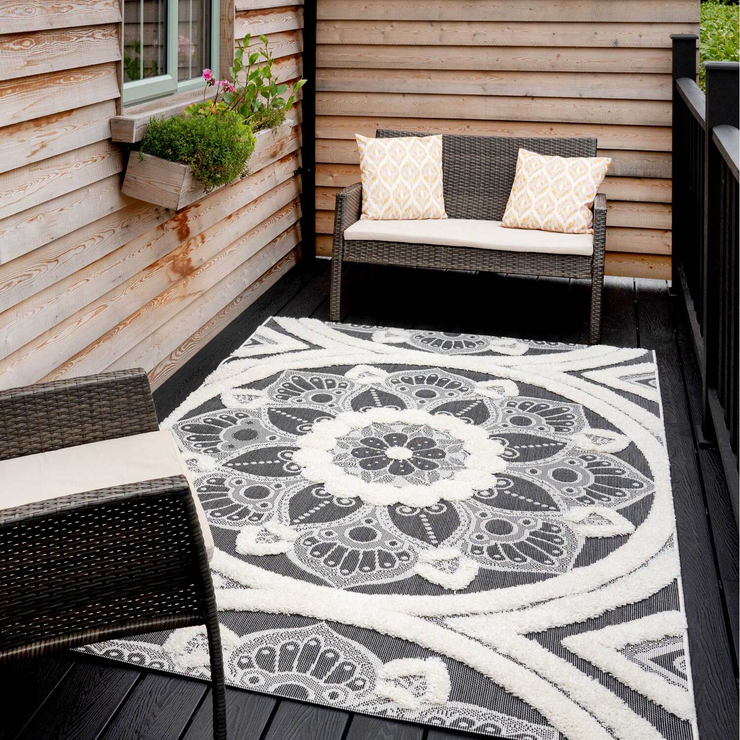 The Rug House - Dark Grey Beige Mandala Floral Textured Flatweave Indoor Outdoor Rug - Charcoal Grey / 290 x 200cm thumbnail