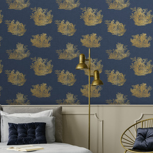 Versaille Toile Metallic Gold Navy Wallpaper