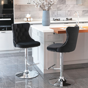 Set of 2 Velvet Tufted Chrome Base Swivel Bar Stools