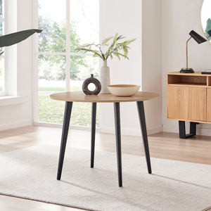 Koko Modern Melamine Oak Effect Round Kitchen Dining Table with Black Legs