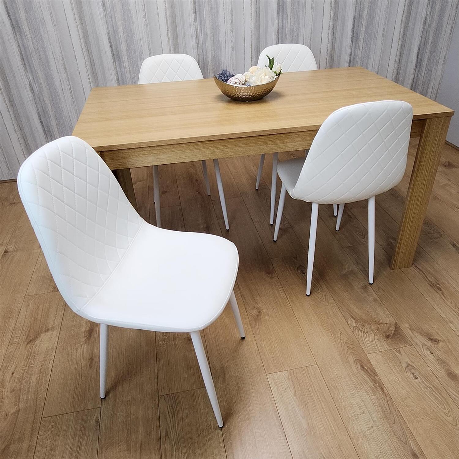 Kosy Koala - Dining Set Of Oak Effect Dining Table And 4 Gem Patterned Stitched Chairs - White thumbnail