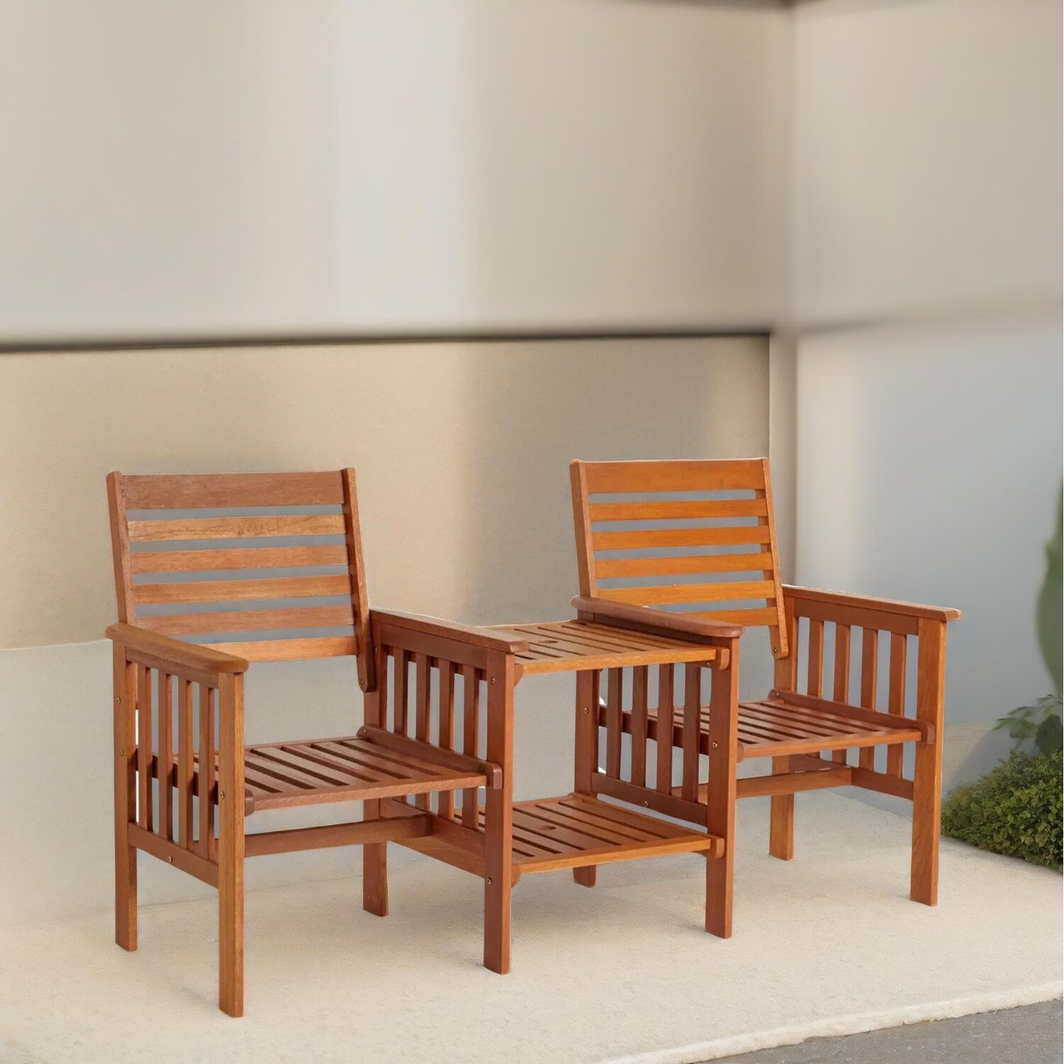 Wooden 2 Seater Outdoor Bench With 2 Tier Table Love Seat