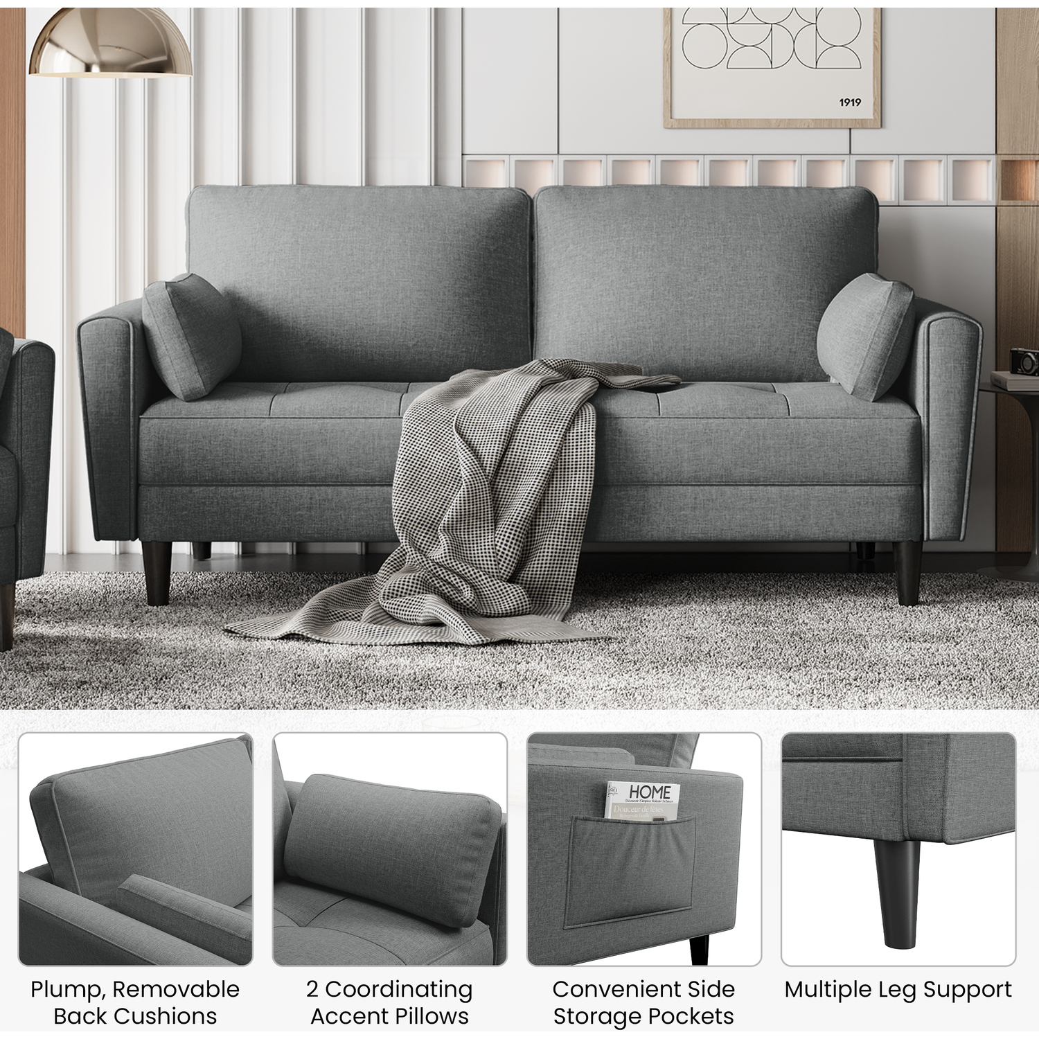 2 Seater Upholstered Sofa Couch With 2 Pillows - Dark Grey