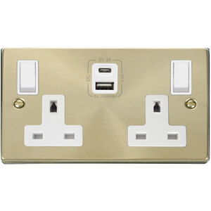 Satin  Brushed Brass 2 Gang 13A Type A  C USB Twin Double Switched Plug Socket