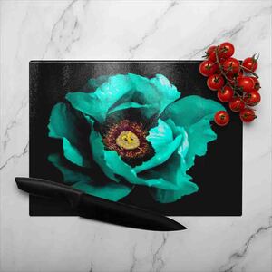 Cyan Peony Flower Glass Chopping Board-large