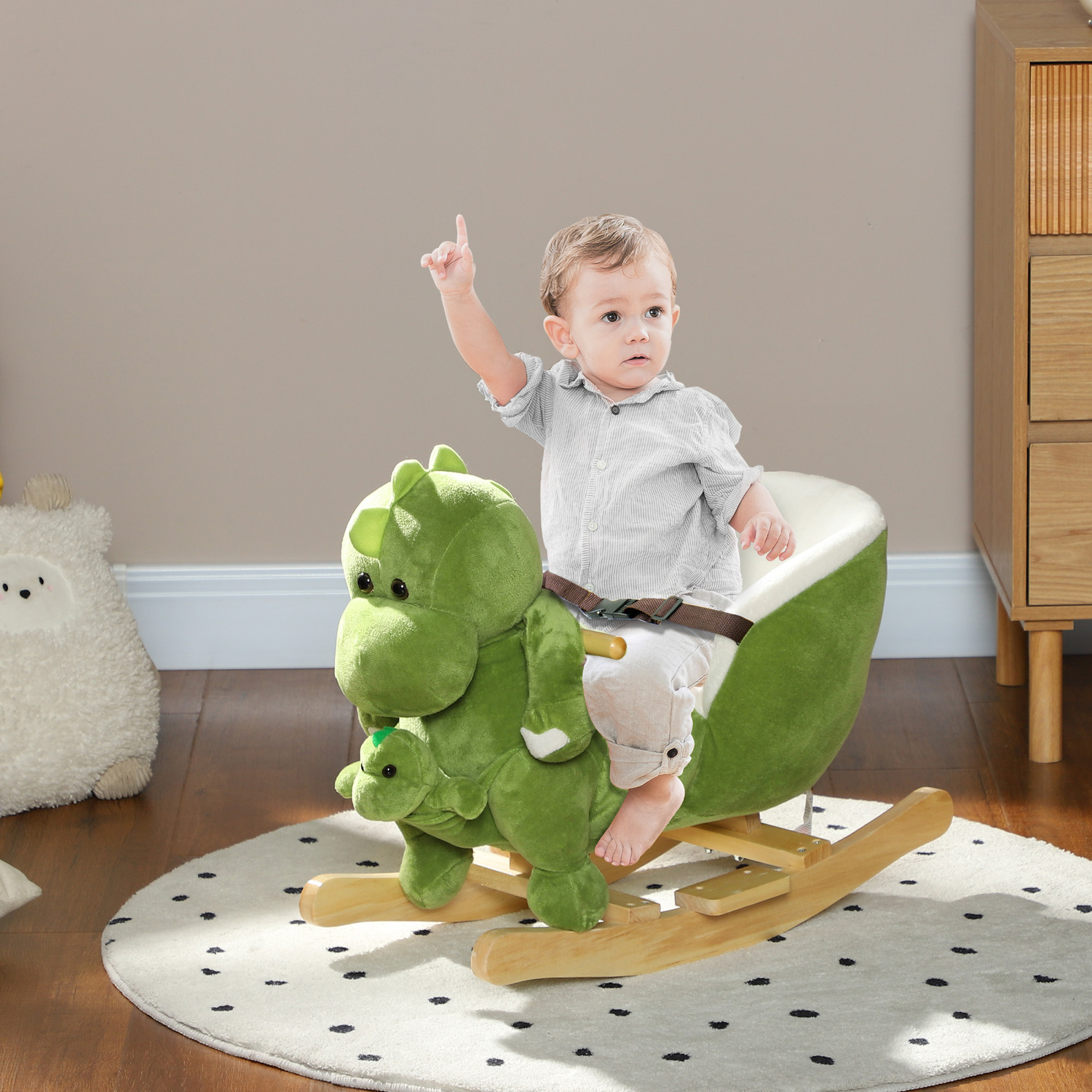 AIYAPLAY Baby Rocking Horse with Safety Belt, 32 Songs, Hand Puppet - Green