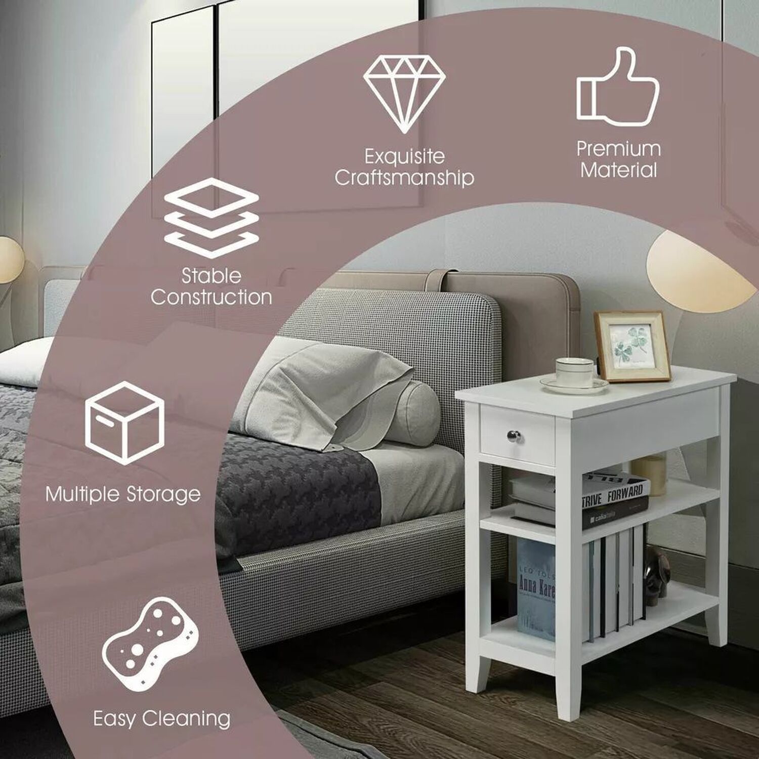 Narrow White Bedside Table With Drawer And 2 Shelves - White